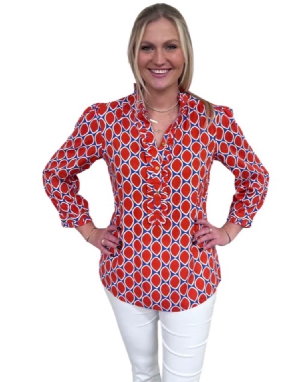 LIZA BYRD Tangerine and Blue Ruffle Top, NWT